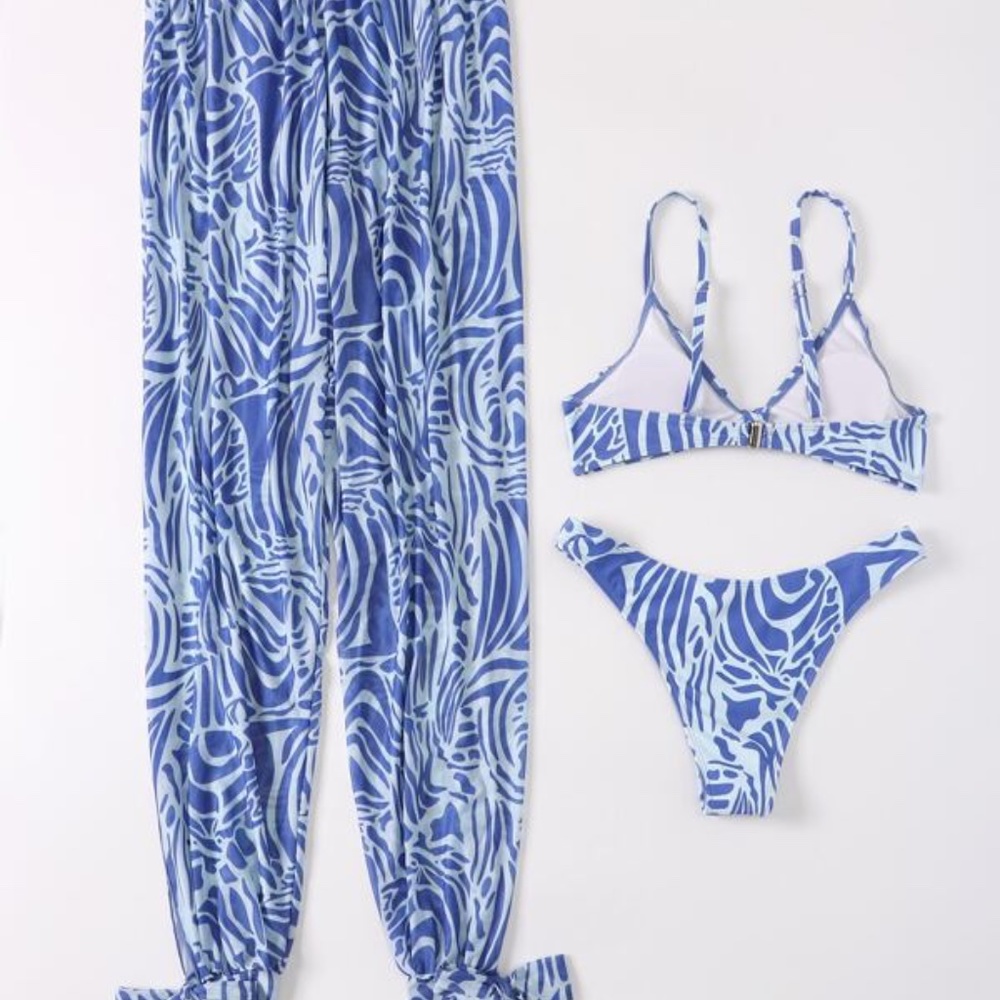 💙. Print Bikini Swimsuit & Cover Up Pants Set (3 piece) NWT - Picture 4 of 12